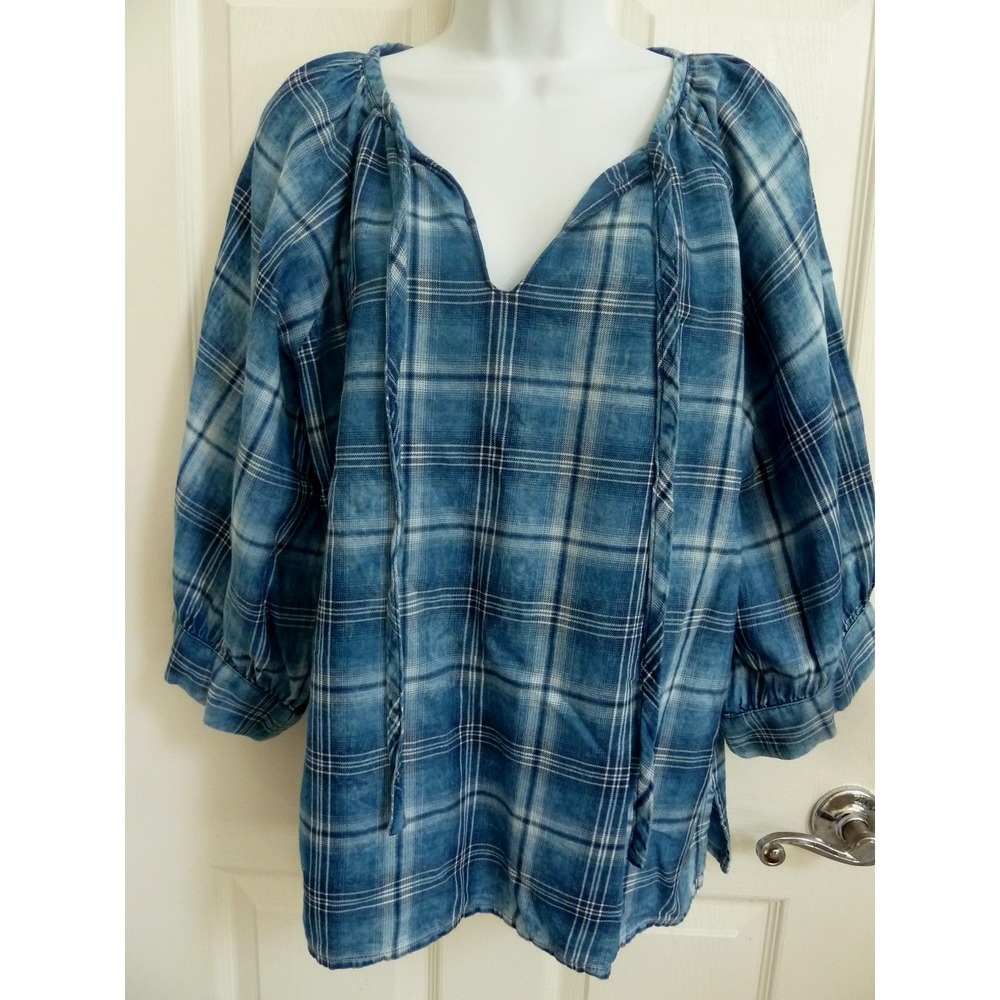 Karen Kane Womens Medium Plaid Balloon Sleeve Blouse Blue White Cotton V-Neck